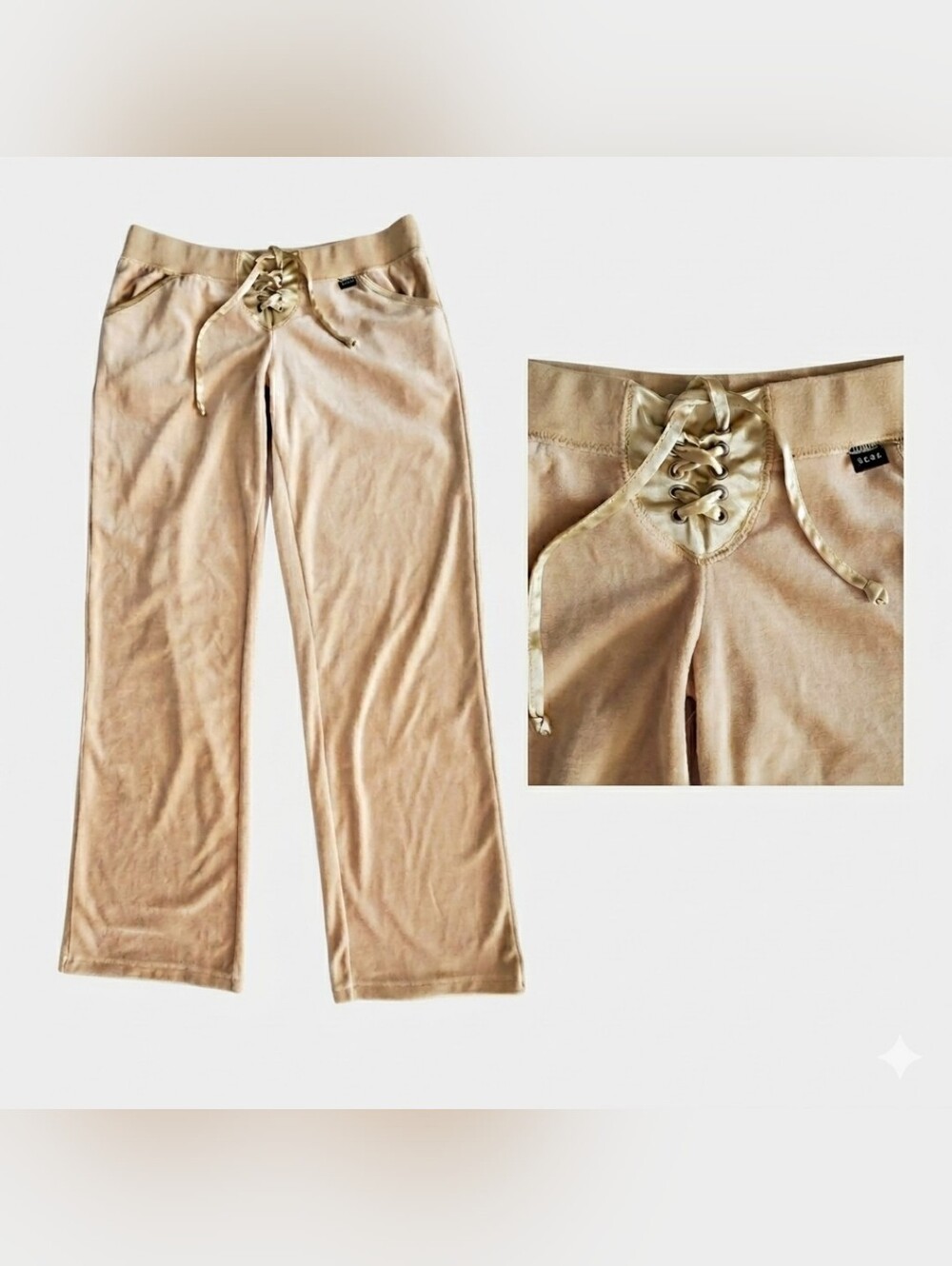 BCBGMaxAzria Y2K Velour Wide Leg Satin Lace-Up Athleisure/Lounge Pants Tan Sz S